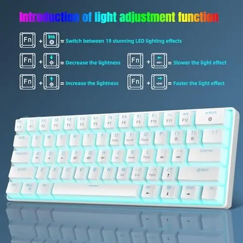 Snpurdiri Portativ 60% Mexanik O'yin Klaviatura, Muz Moviy LED Orqa Yorug'likli 61 Tugmali Mini Simli Ofis Klaviatura Windows Noutbuk PC Mac uchun (Oq, Qizil Kalitlar) - 4