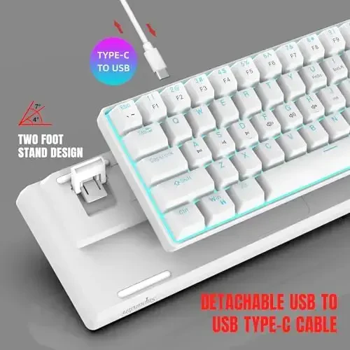 Snpurdiri Portativ 60% Mexanik O'yin Klaviatura, Muz Moviy LED Orqa Yorug'likli 61 Tugmali Mini Simli Ofis Klaviatura Windows Noutbuk PC Mac uchun (Oq, Qizil Kalitlar) - 5