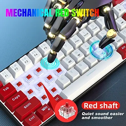 Snpurdiri simli 60% mexanik o'yin klaviaturasi, Oq LED yoritgichli ultra ixcham mini ofis klaviaturasi Windows Laptop PC Mac uchun (Qizil-Oq, Qizil Kalitlar) - 4