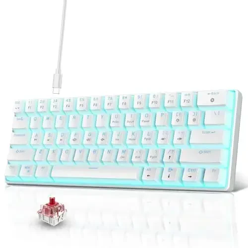Snpurdiri Portable 60% Mechanical Gaming Keyboard, Ice Blue LED Backlit 61 Keys Mini Wired Office Keyboard for Windows Laptop PC Mac (White,Red Switches) - SNPURDIRI