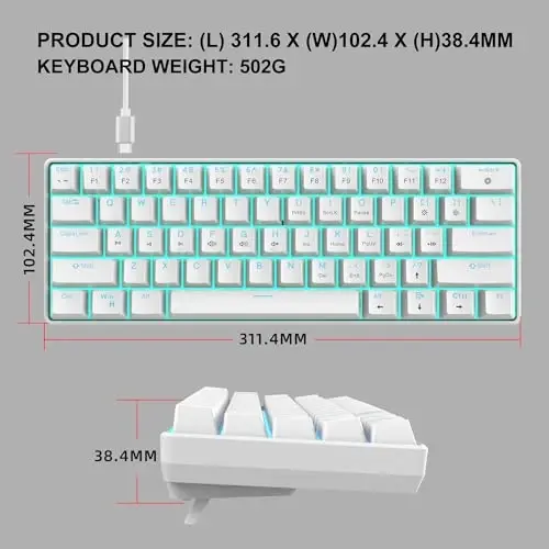 Snpurdiri Portable 60% Mechanical Gaming Keyboard, Ice Blue LED Backlit 61 Keys Mini Wired Office Keyboard for Windows Laptop PC Mac (White,Red Switches) - 6