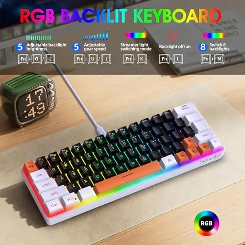 Snpurdiri 60 Percent Wired Gaming Keyboard, 63 Keys RGB Backlit Small Gaming Keyboard for PC, Gamer, Typist, Travel, Easy to Carry on Business Trip(Black-White-Orange) - SNPURDIRI (1)