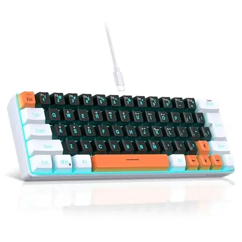 Snpurdiri 60 Percent Wired Gaming Keyboard, 63 Keys RGB Backlit Small Gaming Keyboard for PC, Gamer, Typist, Travel, Easy to Carry on Business Trip(Black-White-Orange) 