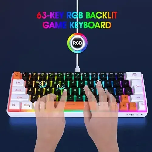 Snpurdiri 60 Percent Wired Gaming Keyboard, 63 Keys RGB Backlit Small Gaming Keyboard for PC, Gamer, Typist, Travel, Easy to Carry on Business Trip(Black-White-Orange) - 4