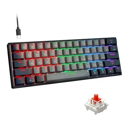 Snpurdiri 60 Percent Machanical Keyboard Red Switches, Full Anti-Ghosting 60% Gaming Keyboard Rainbow Backlit for PC Gamer Office Business (Black-Grey, Red Switches) 