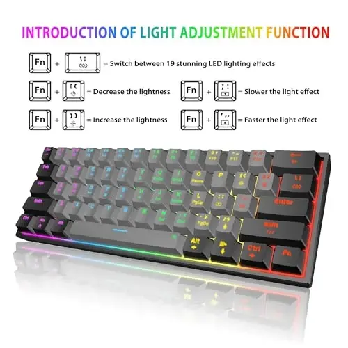 Snpurdiri 60 Percent Machanical Keyboard Red Switches, Full Anti-Ghosting 60% Gaming Keyboard Rainbow Backlit for PC Gamer Office Business (Black-Grey, Red Switches) - 4