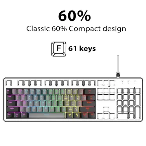 Snpurdiri 60 Percent Machanical Keyboard Red Switches, Full Anti-Ghosting 60% Gaming Keyboard Rainbow Backlit for PC Gamer Office Business (Black-Grey, Red Switches) - SNPURDIRI (1)