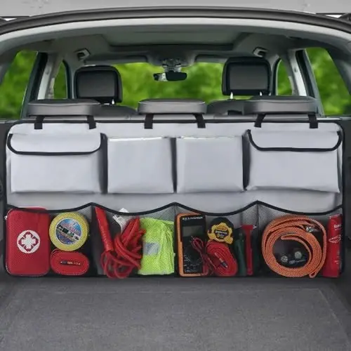 Snuopfy Car Backseat Hanging Trunk Organizer – Gray, 8 Large Storage Bags - Super Capacity Storage Solution for SUVs, Trucks, Vans, and Cars - Ultimate Car Organization for a Clutter-Free Space - 1