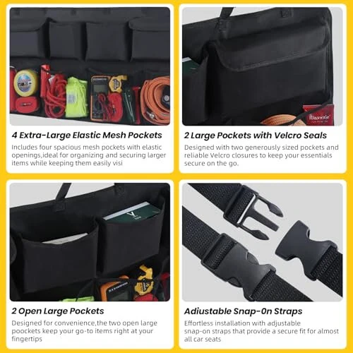 Snuopfy Car Trunk Organizer, Backseat Hanging Organizer with 8 Large Storage Bag Super Capacity -Trunk Organizer for SUV,Truck,Van -Your Space Saving Expert - Black - 4