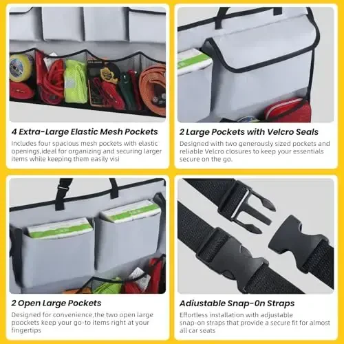 Snuopfy Car Orqa O'rindiq Trunk Organizer - Kulrang, 8 ta Katta Saqlash Sumkasi - SUV, Yuk mashinalari, Van va Avtomobillar uchun Super Imkoniyatli Saqlash Yechimi - Tartibsiz bo'sh joy uchun Ultimate Avtomobil Tashkiloti - 4