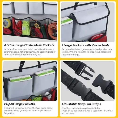 Snuopfy Car Orqa O'rindiq Trunk Organizer - Kulrang, 8 ta Katta Saqlash Sumkasi - SUV, Yuk mashinalari, Van va Avtomobillar uchun Super Imkoniyatli Saqlash Yechimi - Tartibsiz bo'sh joy uchun Ultimate Avtomobil Tashkiloti - 4