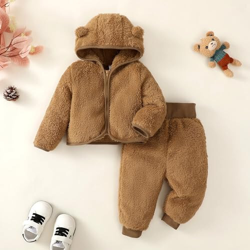 SOBOWO Bebek Erkek Kız Kışlık Giysiler Fermuarlı Kapüşonlu Polar Mont Kulaklıklı Sweatshirt Pantolon Bebek Kıyafetleri - 5