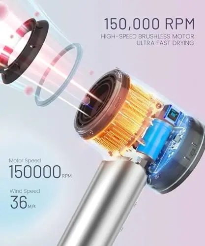 Soch quritgich - 150000 RPM yuqori tezlikda cho'tkasiz motorli salbiy ionli soch quritgich, tez quritish, past shovqinli termo-nazoratli soch quritgich diffuzor va nozul bilan, kumushrang - 4