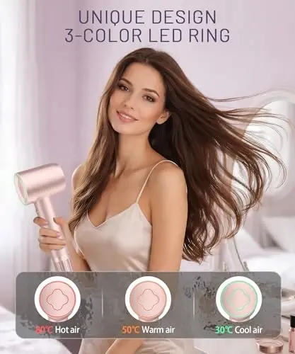 Soch quritgich - 150000 RPM yuqori tezlikda ishlaydigan cho'tkasiz motorli manfiy ionli fen, tez quritish uchun past shovqinli termo-nazoratli soch quritgichi, diffuzor va nasadkali, yorqin pushti - COSY