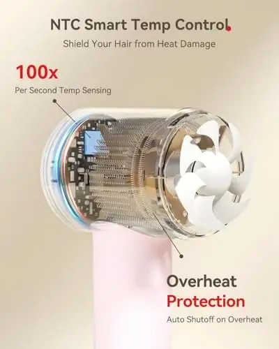 Soch quritgich, 160000 RPM yuqori tezlikdagi cho'tkasiz motor, 500 million manfiy ionli professional ionli soch quritgich, magnit diffuzor va nozul bilan, uy sayohati saloni uchun engil (pushti) - 6