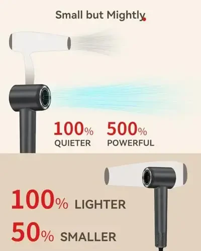 Soch quritgich, 160000 RPM yuqori tezlikli cho'tkasiz motor, 500 million manfiy ionli professional ionli soch quritgich, magnit diffuzor va nozul bilan, uy sayohati salon uchun engil (kulrang) - 4