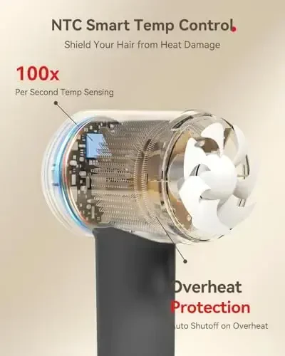 Soch quritgich, 160000 RPM yuqori tezlikli cho'tkasiz motor, 500 million manfiy ionli professional ionli soch quritgich, magnit diffuzor va nozul bilan, uy sayohati salon uchun engil (kulrang) - 6