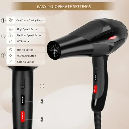 Soch quritgich Professional Ionli Salon Soch Quritgichi 2400W Kuchli Tez Qurituvchi Moviy Chiroqli Ionli Soch Quritgichlar Diffuzer bilan, AC Motor Doimiy Haroratli Tinch Ionli Quritgichlar Ayollar Erkaklar uchun - 3