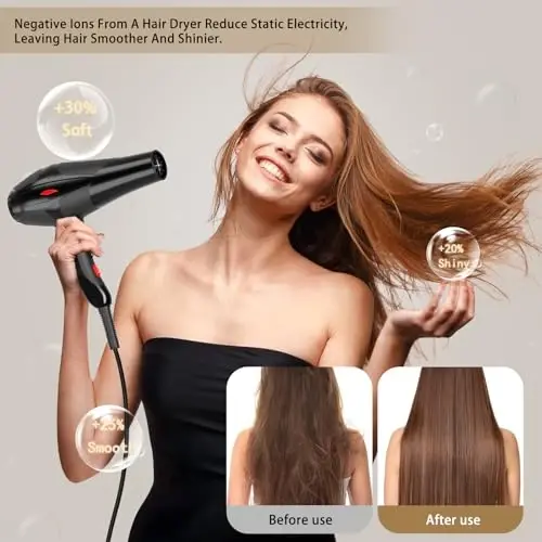 Soch quritgich Professional Ionli Salon Soch Quritgichi 2400W Kuchli Tez Qurituvchi Moviy Chiroqli Ionli Soch Quritgichlar Diffuzer bilan, AC Motor Doimiy Haroratli Tinch Ionli Quritgichlar Ayollar Erkaklar uchun - 4