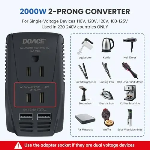 Soch quritgich, tekislovchi va jingalak soch qiluvchi uchun yangilangan DoAce 2000W sayohat kuchlanish konvertori, 220V dan 110V gacha pasaytiruvchi konvertor, 10A quvvat adapteri, 2 USB va noutbuk, kamera, mobil telefon uchun EU/UK/AU/US vilkasi - DOACE (1)