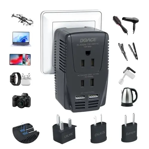 Soch quritgich, tekislovchi va jingalak soch qiluvchi uchun yangilangan DoAce 2000W sayohat kuchlanish konvertori, 220V dan 110V gacha pasaytiruvchi konvertor, 10A quvvat adapteri, 2 USB va noutbuk, kamera, mobil telefon uchun EU/UK/AU/US vilkasi - 6