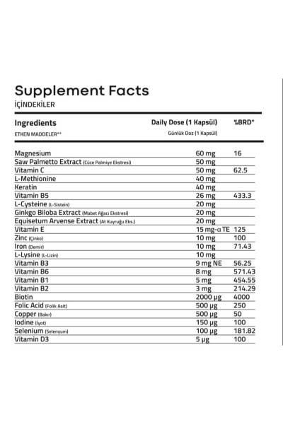 Soch To'kilishiga Qarshi Biotin & Keratin Vitamin Kompleksi 60 Kapsula - 23 Ta'sir Etguvchi Modda / 2 Oylik Doza - 26