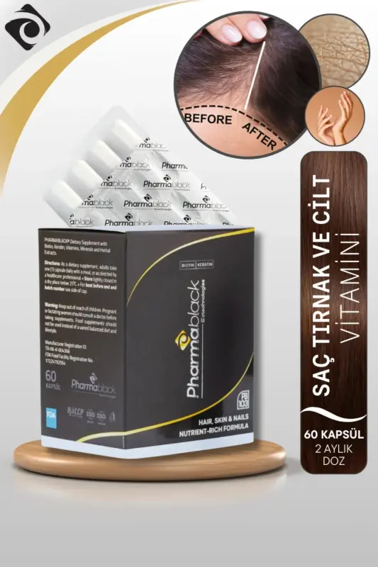 Soch To'kilishiga Qarshi Biotin & Keratin Vitamin Kompleksi 60 Kapsula - 23 Ta'sir Etguvchi Modda / 2 Oylik Doza - PHARMABLACK