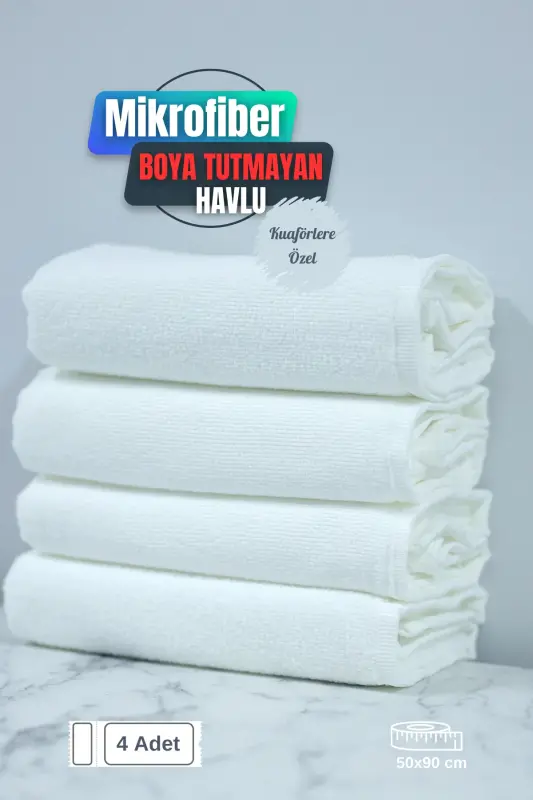 Soch uchun maxsus bo'yoq o'tkazmaydigan mikrofiber sochiq 50x90 sm. 4 dona-Oq - DENIZLICOTTON