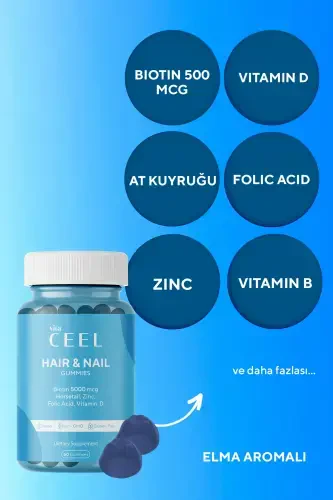 Soch va tirnoq vitamini Chaynab olinadigan vegan gummy biotin 5000, D vitamini, Sink, Folat kislotasi, Otquyruq - VITA CEEL (1)