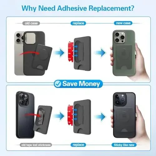 Socket Wallet + Bazasiga yopishqoq yopishtiruvchi almashtirish, pop-tech 6 dona 3M VHB kuchli stiker yostiqchalari Mobil telefon hamyoni Plus korpusining orqa stendi uchun, iPhone 13 14, Samsung va barcha smartfonlar uchun ikki tomonlama lenta - 3