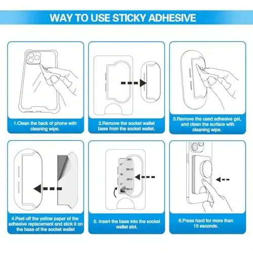 Socket Wallet + Bazasiga yopishqoq yopishtiruvchi almashtirish, pop-tech 6 dona 3M VHB kuchli stiker yostiqchalari Mobil telefon hamyoni Plus korpusining orqa stendi uchun, iPhone 13 14, Samsung va barcha smartfonlar uchun ikki tomonlama lenta - 6
