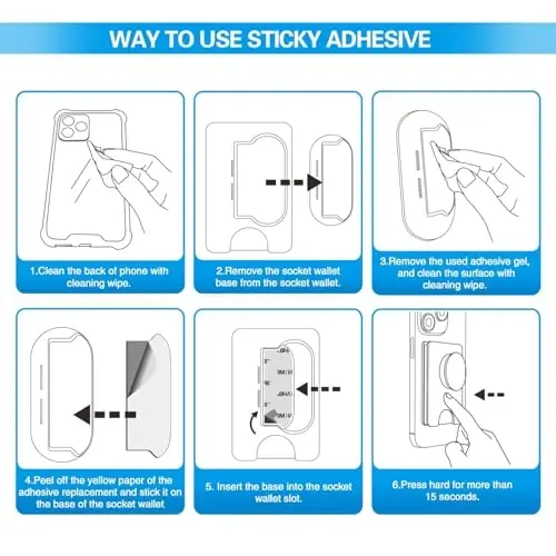 Socket Wallet + Bazasiga yopishqoq yopishtiruvchi almashtirish, pop-tech 6 dona 3M VHB kuchli stiker yostiqchalari Mobil telefon hamyoni Plus korpusining orqa stendi uchun, iPhone 13 14, Samsung va barcha smartfonlar uchun ikki tomonlama lenta - 6