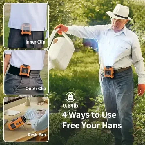 Socool 10000mAh Portable Waist Fan Clip on Wearable Belt Personal Fan Rechargeable Battery operated With 5 Speeds & Flashlight Neck Hands-Free 40H Cooling For Outdoor Camping Travel (Orange) - 4