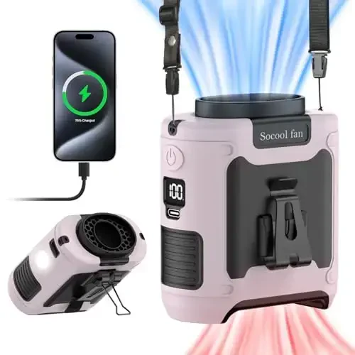 Socool 10000mAh Portable Waist Fan Clip on Wearable Belt Personal Fan Rechargeable Battery operated With 5 Speeds & Flashlight Neck Hands-Free 40H Cooling For Outdoor Camping Travel (Pink） 