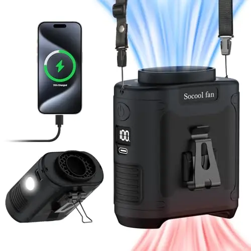Socool 10000mAh Portable Waist Fan Clip on Wearable Belt Personal Fan Rechargeable Battery operated With 5 Speeds & Flashlight Neck Hands-Free 40H Cooling For Outdoor Camping Travel (Black) - SOCOOL FAN