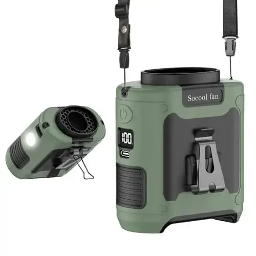 Socool 10000mAh Portable Waist Fan Clip on Wearable Belt Personal Fan Rechargeable Battery operated With 5 Speeds & Flashlight Neck Fan Hands-Free 40H Cooling For Outdoor Camping Travel (Green) 