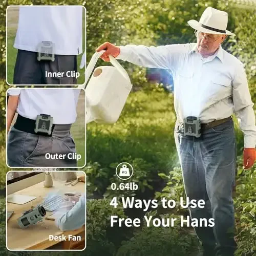 Socool 10000mAh Portable Waist Fan Clip on Wearable Belt Personal Fan Rechargeable Battery operated With 5 Speeds & Flashlight Neck Fan Hands-Free 40H Cooling For Outdoor Camping Travel (Green) - 4