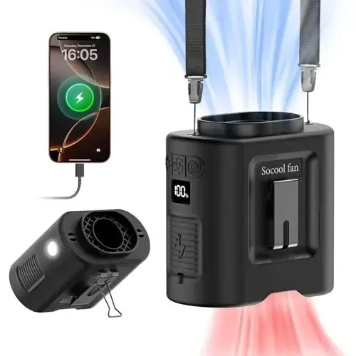 Socool 14500mAh Portable Waist Fan Clip on Belt 360 Rotation Wearable Rechargeable Personal Shirt Fan, 67H Cooling 5-Speed Battery Operated Fans with Light, Neck Fan Hanging for Outdoor Camping Travel - 1