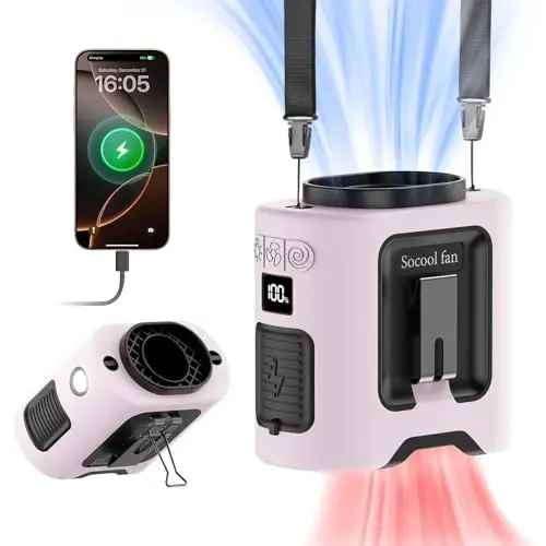 Socool 14500mAh Portable Waist Fan Clip on Belt 360 Rotation Wearable Rechargeable Personal Shirt Fan, 67H Cooling 5-Speed Battery Operated Fans with Light, Neck Fan Hanging for Outdoor Camping Travel 