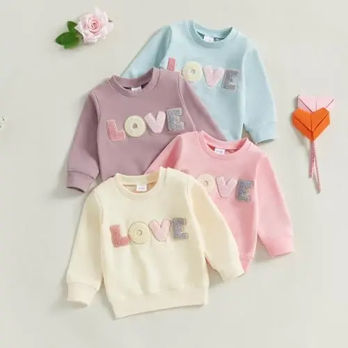 Socutebabe Toddler Valentines Outfits Baby Girl Clothes Love Embroidery Long Sleeve Crewneck Sweatshirts Pullovers - 7