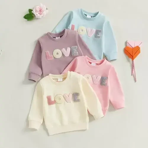 Socutebabe Toddler Valentines Outfits Baby Girl Clothes Love Embroidery Long Sleeve Crewneck Sweatshirts Pullovers - 7