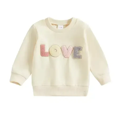 Socutebabe Toddler Valentines Outfits Baby Girl Clothes Love Embroidery Long Sleeve Crewneck Sweatshirts Pullovers - SOCUTEBABE