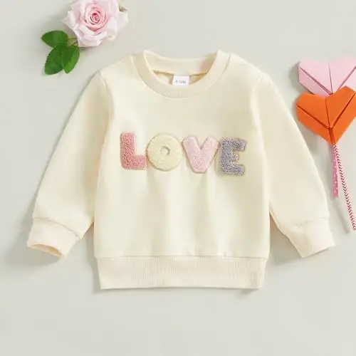 Socutebabe Toddler Valentines Outfits Baby Girl Clothes Love Embroidery Long Sleeve Crewneck Sweatshirts Pullovers - 2