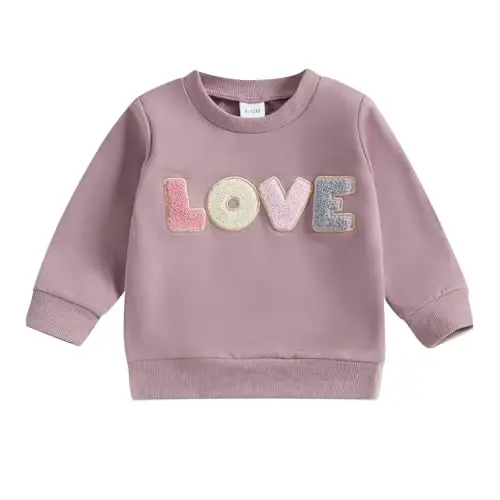 Socutebabe Toddler Valentines Outfits Baby Girl Clothes Love Embroidery Long Sleeve Crewneck Sweatshirts Pullovers - 1