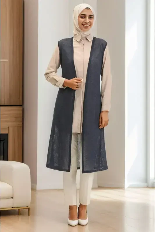 Sodda Uzun Bahorlik Yozlik Yumshoq Jilet,nafas Oluvchi Yengil Jilet,katta Razmerli Jilet,ona Jileti-ko'k - 1