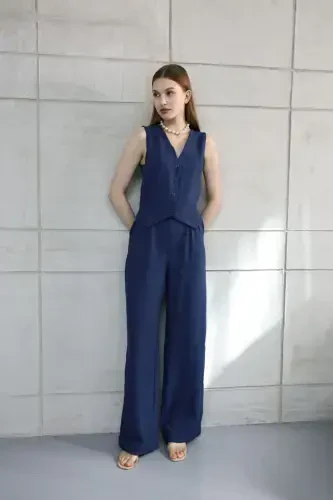 Sofia Linen Pocketed Vest and Pants Set - Navy Blue - 1