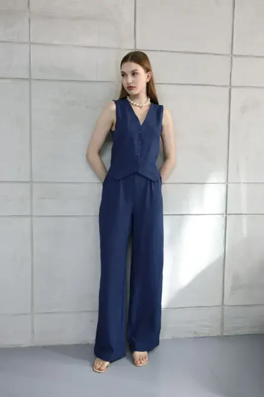 Sofia Linen Pocketed Vest and Pants Set - Navy Blue - 1
