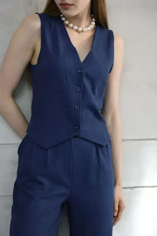 Sofia Linen Pocketed Vest and Pants Set - Navy Blue - 2