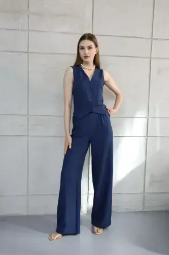 Sofia Linen Pocketed Vest and Pants Set - Navy Blue - 3