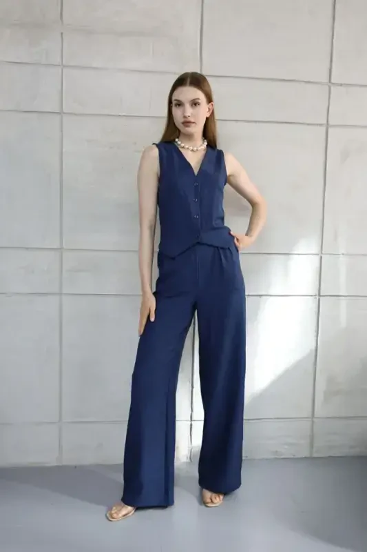 Sofia Linen Pocketed Vest and Pants Set - Navy Blue - 3